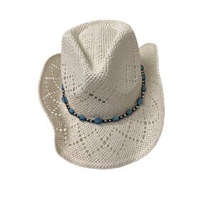 White Beaded Cowboy Hat With Aqua Beads & Shapable Brim